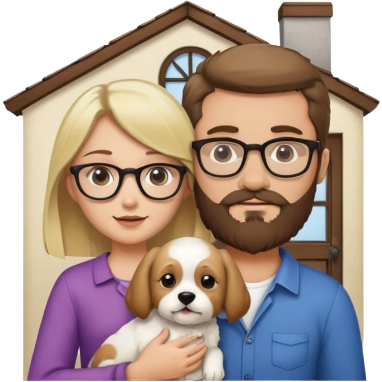 Blond girl with brown haired bearded man wearing glasses holding a puppy with a front door behind them emoji