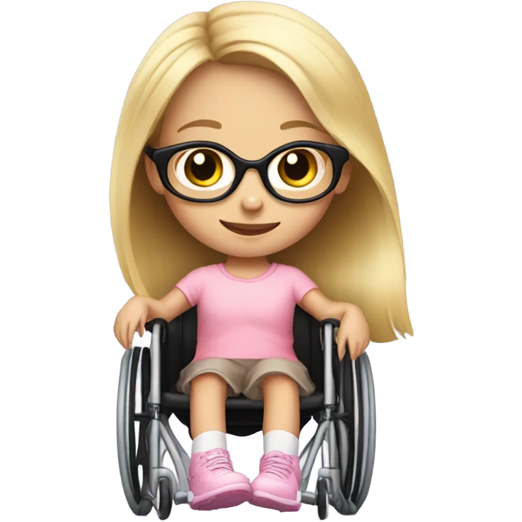 8 year old girl with light pink glasses and long blonde hair in black wheelchair  emoji
