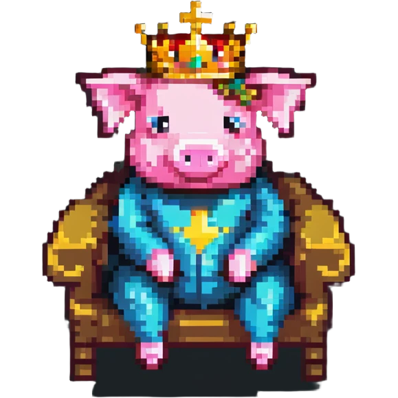 cartoon-like pixel art pig with a golden crown sitting on a throne, blocky and square like Minecraft, styled to look like LEGO Duplo blocks, chunky, colorful, simple emoji