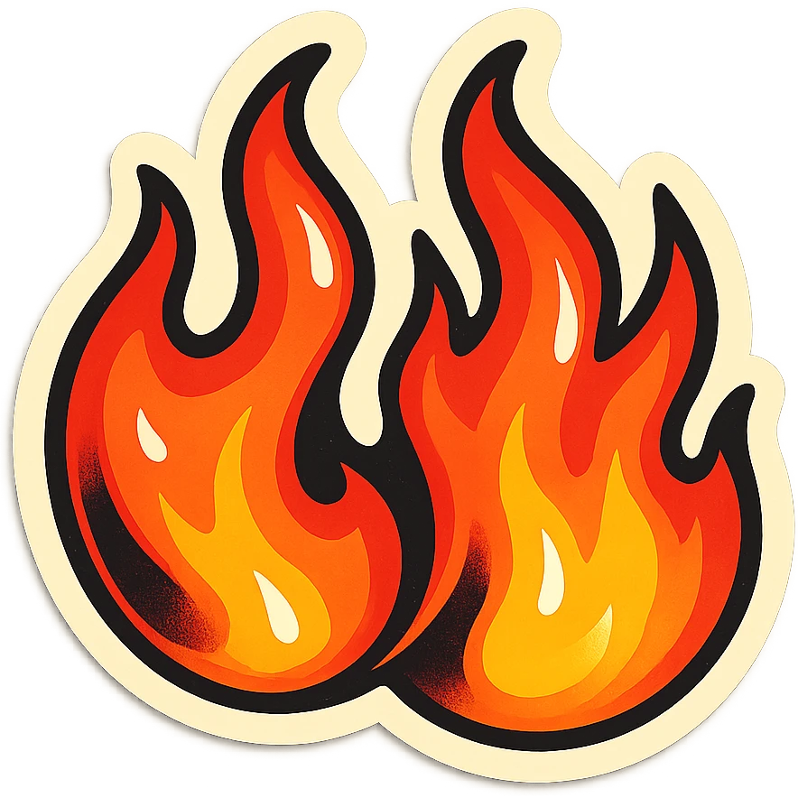 retro sticker style illustration of a double flame, two flames side by side, bold outlines, expressive shadows, glossy highlights, lively and dynamic flames emoji
