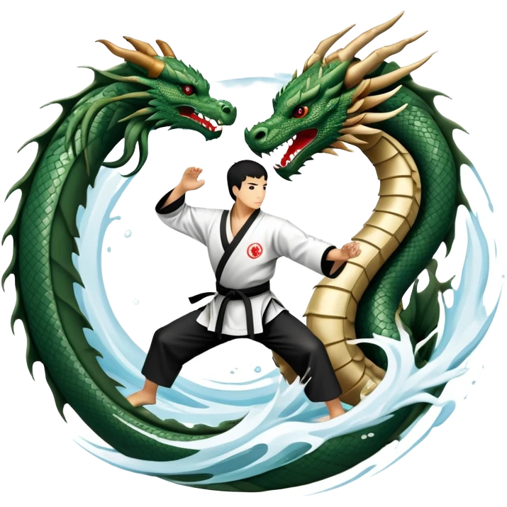 An icon symbolizing Eastern martial arts in the style of an emblem, featuring a black-and-white Yin-Yang symbol at the center and a powerful dragon wrapping around it. A martial artist is performing a fluid kick, surrounded by elements like a dojo and bamboo. Transparent background emoji
