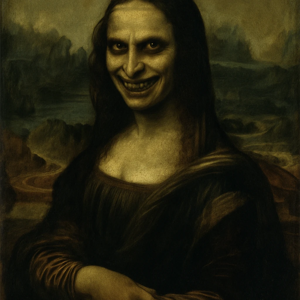 Mona Lisa in an oil painting style, with a scary expression, dark menacing eyes, a sinister grin, and subtle shadowing for a haunting effect emoji