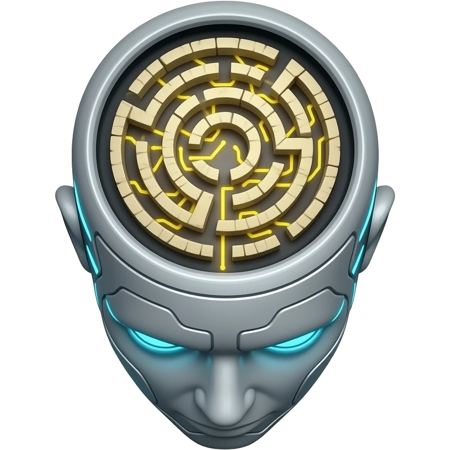 synthwave - a view from above into an open futuristic cybernetic head that contains the space of an ancient labyrinth emoji