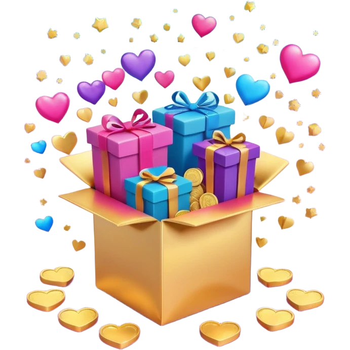 3D open gift box with Instagram logo, gold coins, hearts, stars, documents floating out, smiling human faces around, vibrant pink blue purple gradient, glossy modern style, premium marketing banner emoji