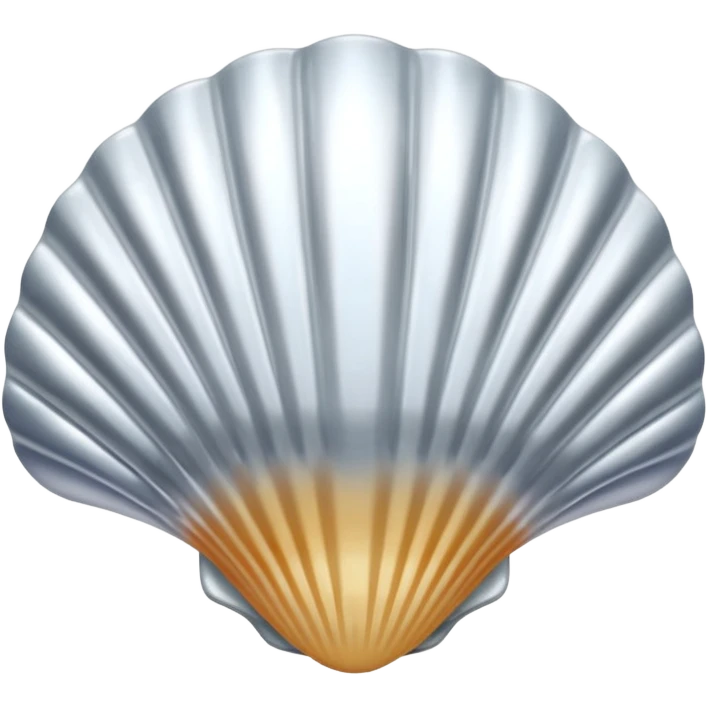 A seashell emoji made of polished silver chrome, smooth curved surface, reflective metallic highlights, elegant minimal design, iOS emoji style, centered, clean white background, soft lighting emoji