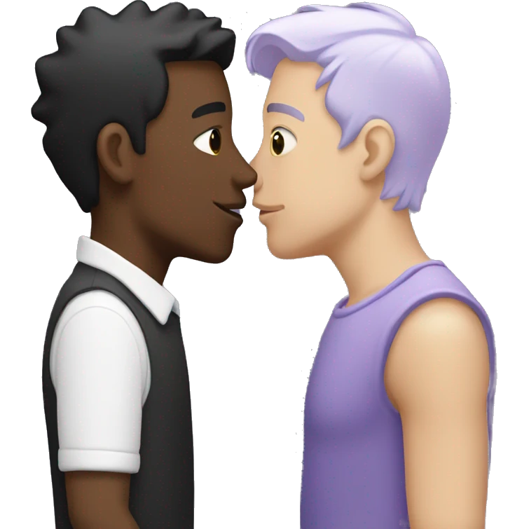 Two men kissing, one of the white with lavender hair and the other person is black with black hair  emoji
