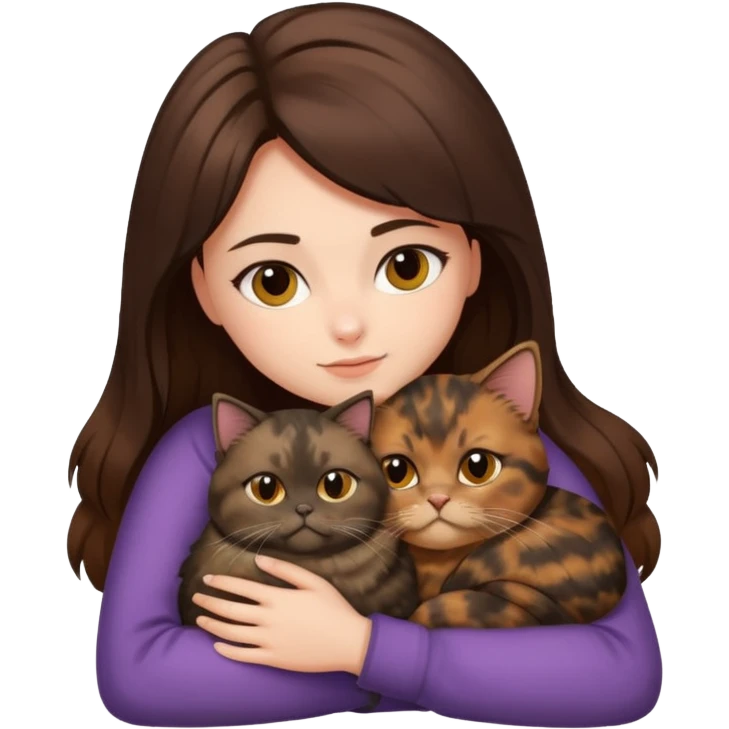 brunette girl snuggling a tortoiseshell Persian cat emoji