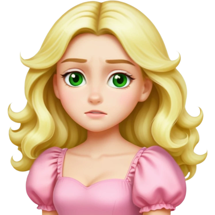 Create an emoji-style illustration of a blonde girl with long wavy hair, green eyes, and a pink pastel puff-sleeve dress, matching the Apple emoji style of the reference image. Keep her facial features, hairstyle, and outfit identical. Generate a joyful expression. emoji