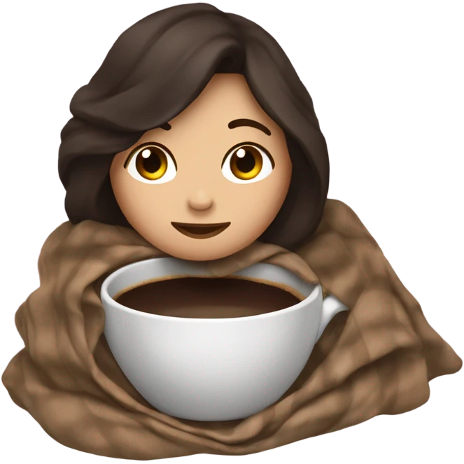 Dark brown hair girl inside a blanket sipping cup of coffee eyes closed emoji