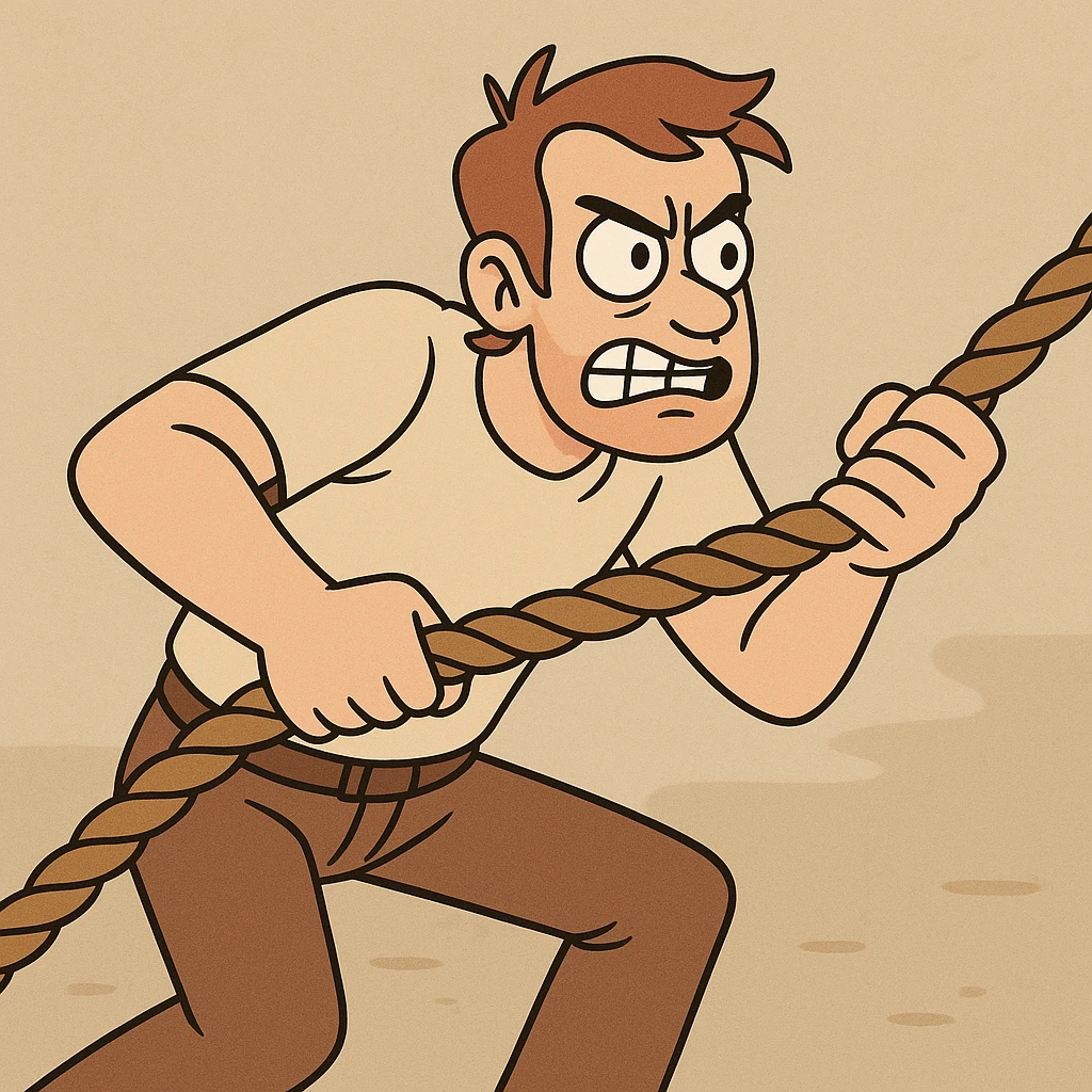 a single character pulling a thick rope, determined expression, simple background emoji