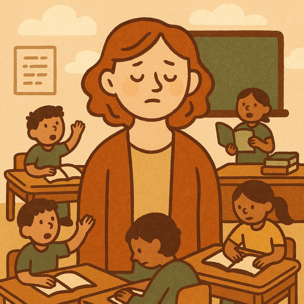 exhausted teacher in a bustling classroom emoji