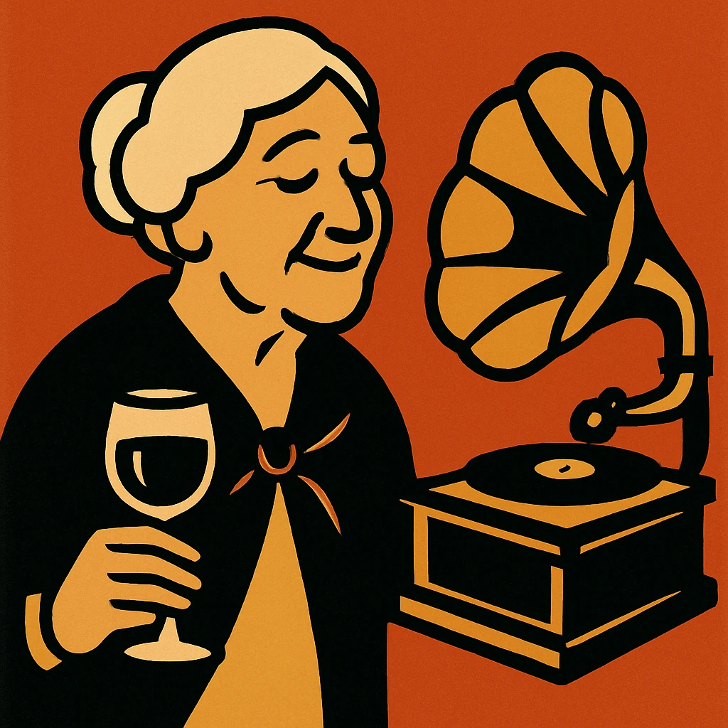 old lady with wineglass listening to gramophone emoji