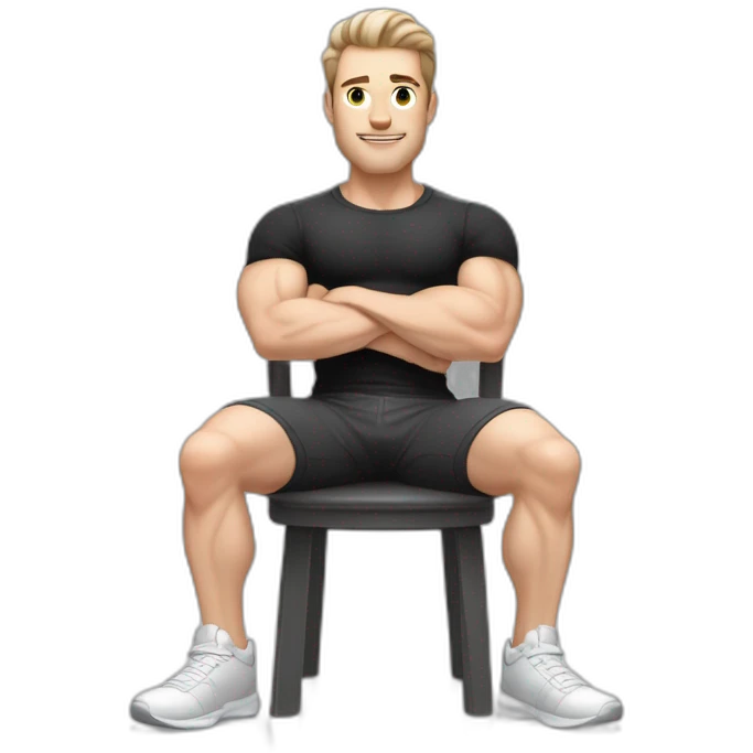 Pale skinned Fit Man With the biceps and dark brown hair in black shirt, gray sports shorts and white Sneakers Sitting on a chair emoji