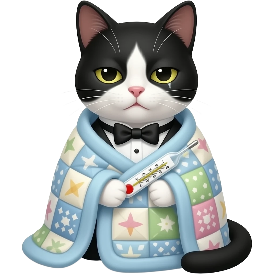 Black and white cat sickly with thermometer wrapped in patchwork quilt like a baby emoji