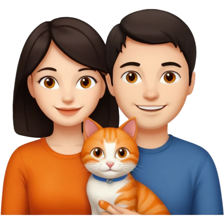 man and woman with dark hair, orange cat sitting between them emoji