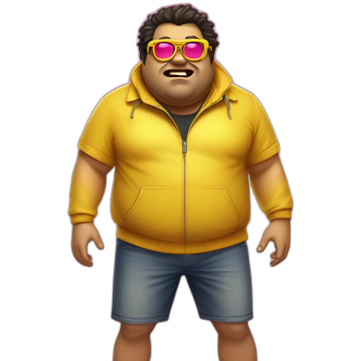 fat man with dark hair,a vibrant long yellow jacket, pink glasses, short jeans shorts. Show full lenght peson, person fighting a monster emoji