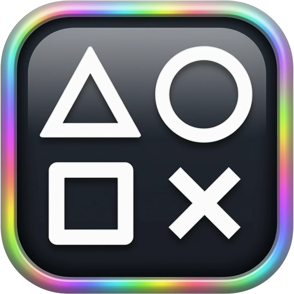 Square tilted 45 degrees game icon, dark glossy surface, large white PlayStation symbols triangle circle square cross centered, holographic rainbow glowing border edge, RGB colored emoji