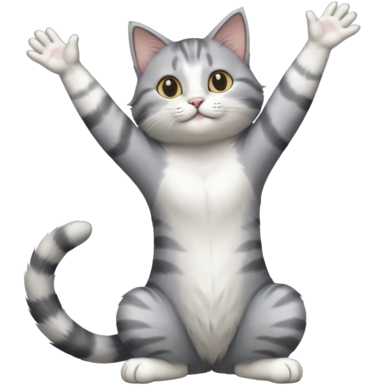 grey and white cat doing a big long stretch reaching up into the air with arms and legs together emoji