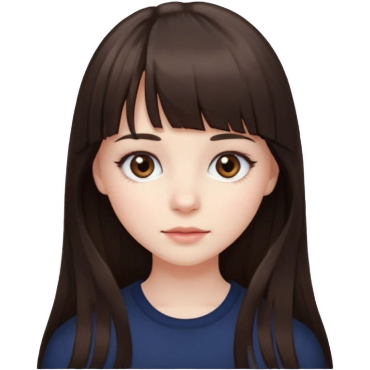 brunette girl with dark brown eyes, pale rosy skin, long hair and wispy bangs emoji