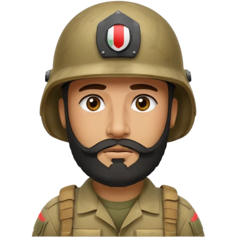 very tired, swarthy, Iraqi soldier in a helmet, helmet without insignia, with a beard emoji