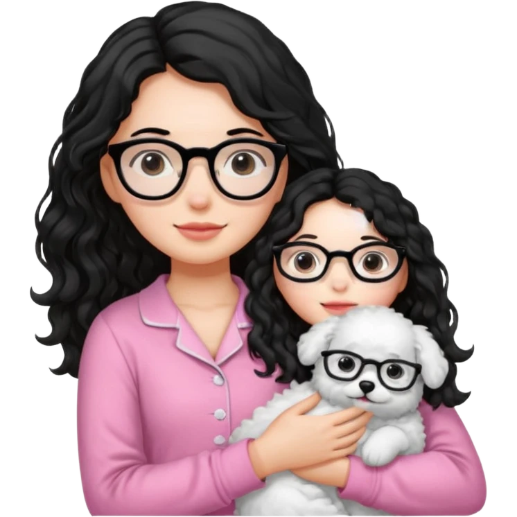 long wavy black haired girl wearing black framed glasses in a pink pjs while holding her fluffy white dog emoji