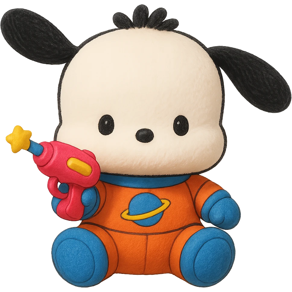 Make Pochacco hold a cute toy gun, keep him white with black ears, orange and blue space suit, plushy Popmart doll style, playful and adorable, no background emoji