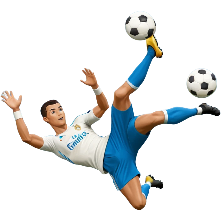 Ronaldo doing a bicycle kick with football in mid air While wearing a Retro blue Real madrid kit and yes i want it to be exactly the same as he Scored it in 2018 vs Juventus  emoji