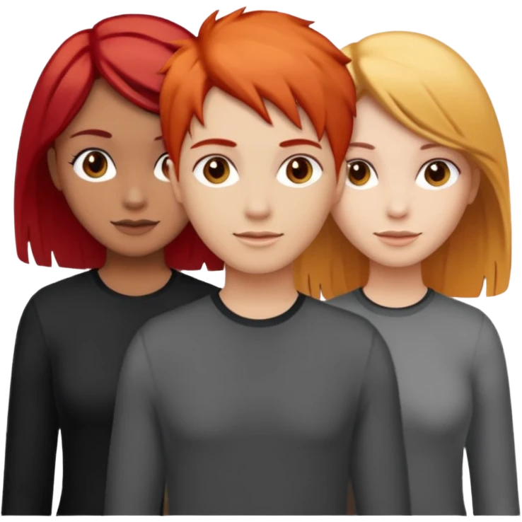 Can you create an image of 3 friends together one with red bright hair light skin one the other with brown hair with some blonde highlights in the hair fair skin the last one with light brown a tint of orange hair and black hair emoji