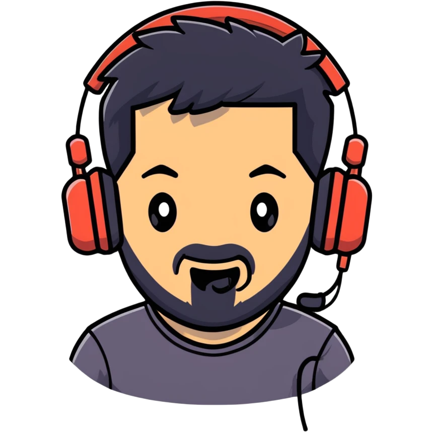 Animated happy man with black hair, brown eyes, black beard, gaming headset emoji