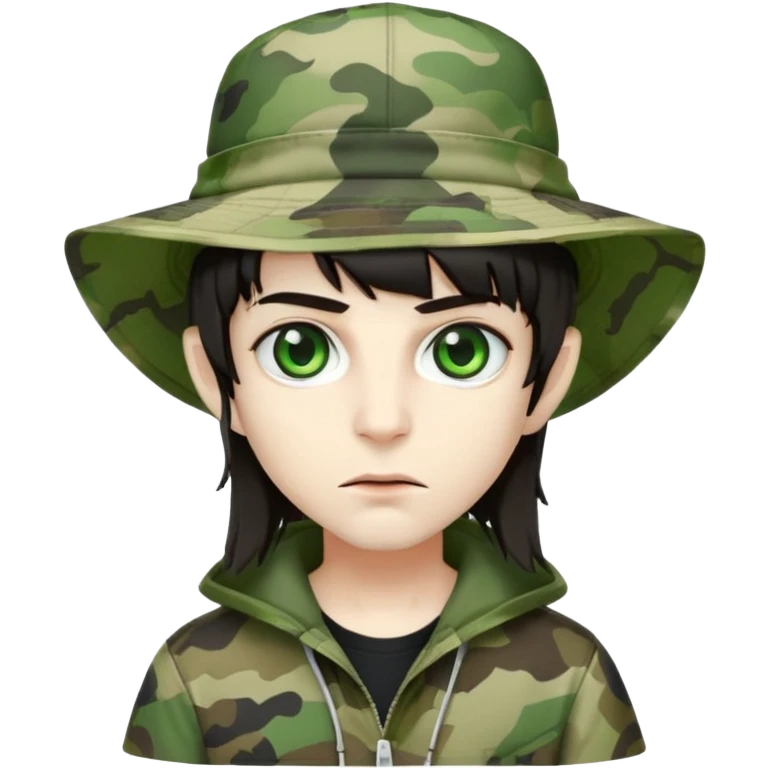 Vampire wearing a camo styled bucket hat. Green eyes. Dark hair emoji
