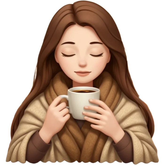 long brown hair woman closed eyes hiding under a cozy wool beige blanket, holding cup of coffee, autumn mood emoji