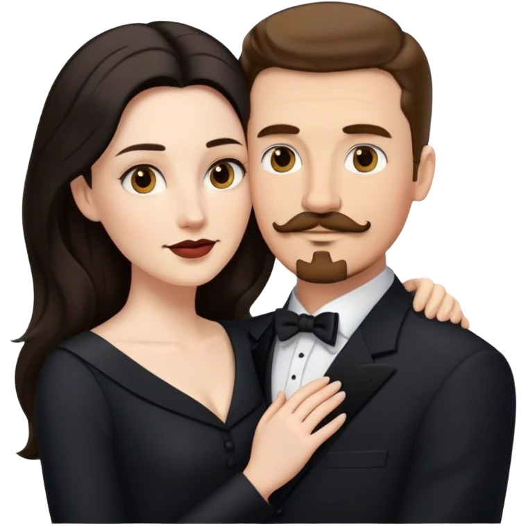 couple portrait, tall white man with brown hair goatee mustache embracing a pale woman with long black hair, wearing formal clothing emoji