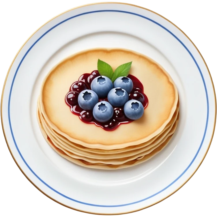 scandinavian round crepes with jam on white porcelain plate with blue floral vintage design emoji