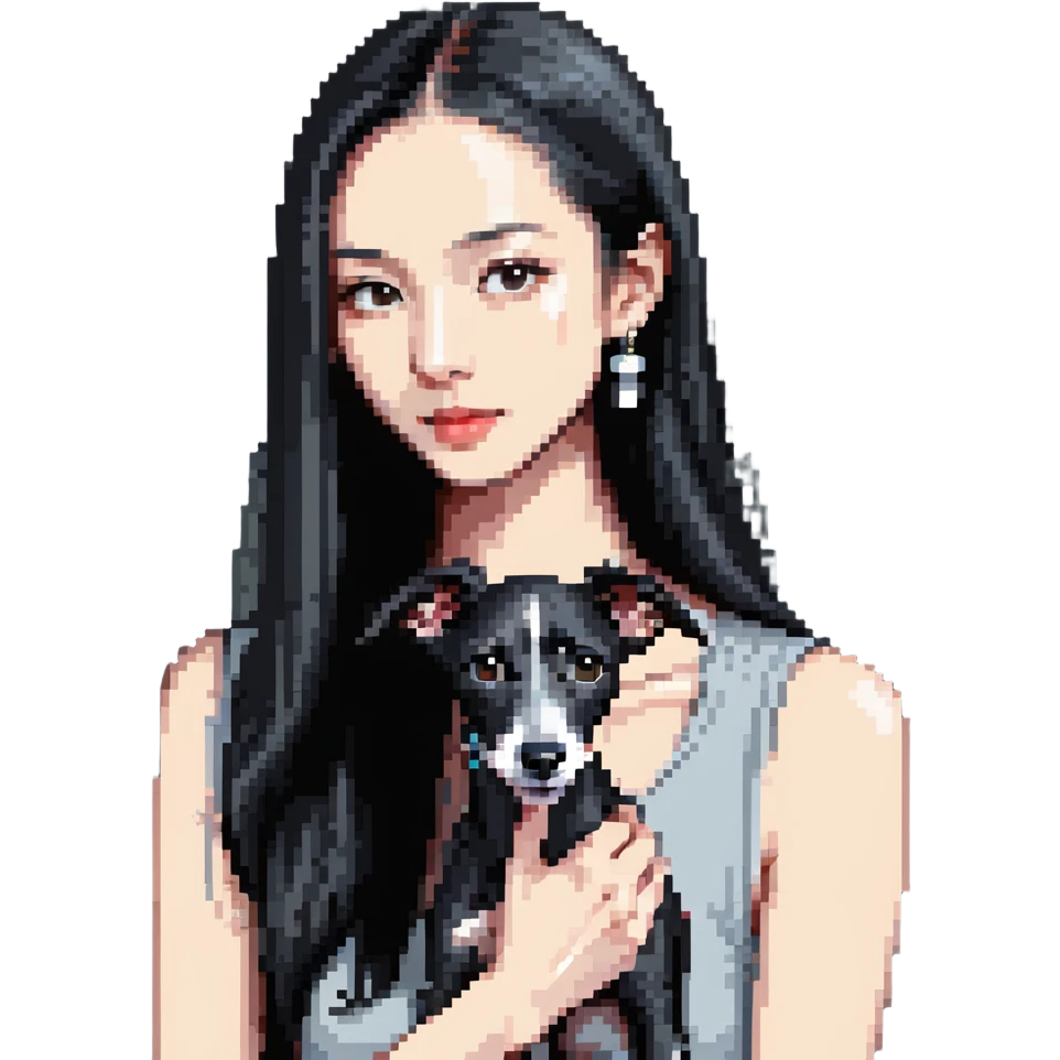 Slim Chinese girl with long black hair holding solid grey Italian greyhound with no white markings on nose emoji