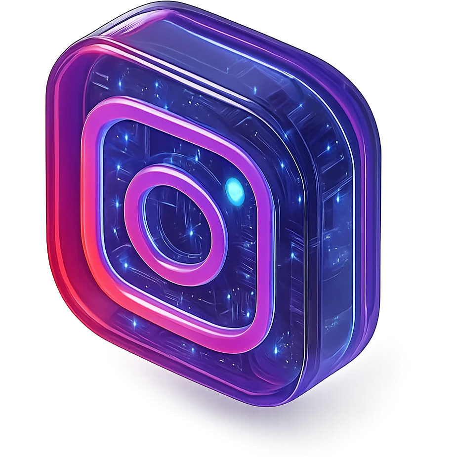 Instagram icon with glossy circuit theme, blue glowing accents, transparent background emoji