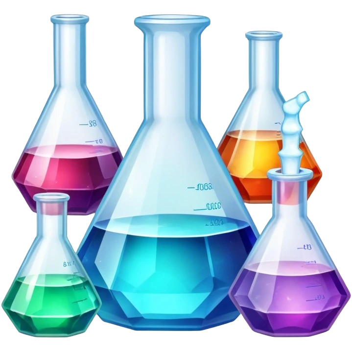 A set of colorful growing crystals in various stages of development, surrounded by beakers and jars with chemical solutions. Light shining on the crystals creates a dazzling glow. Background of a clean, well-lit workspace with scientific tools and equipment. Transparent background. emoji