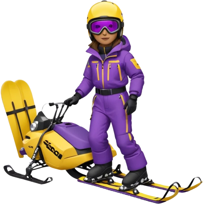 Brown hair, ski-doo jacket and pants ski doo boots helmet and goggles, dark purple sled emoji
