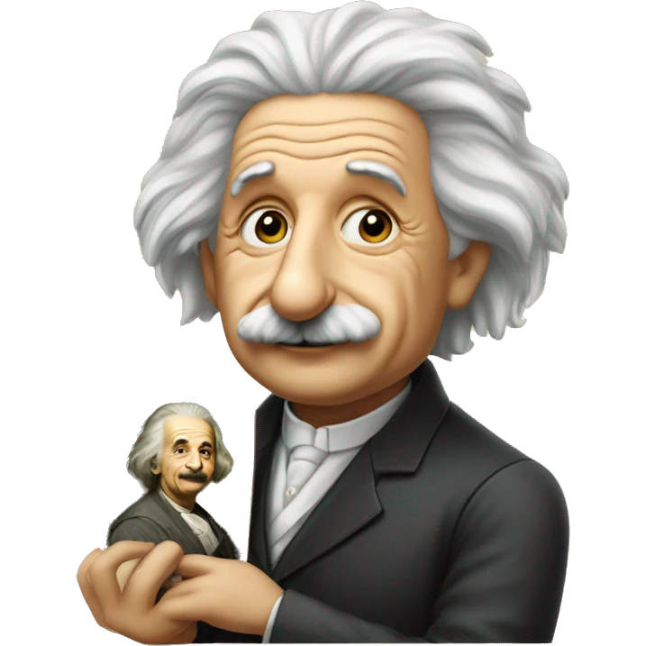 Albert Einstein holding a portrait of the Mona Lisa emoji