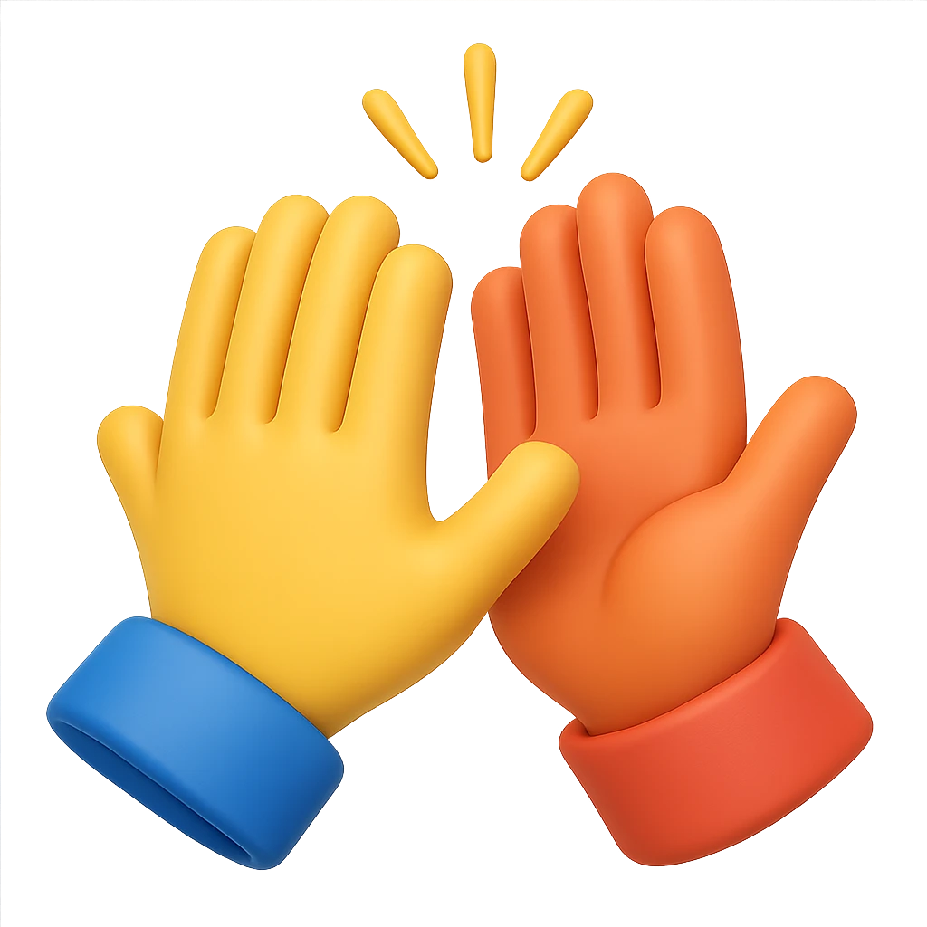 Two hands high-fiving, 3D Emoji style, transparent background, same posture as the reference image emoji