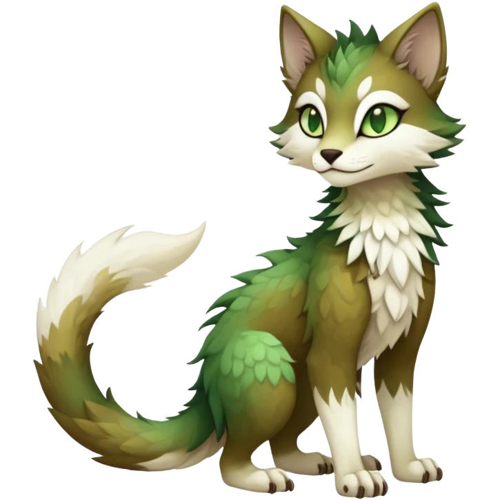 Kawaii dark cute brown beige white fantasy ethereal feline-vernid-sergal-fursona animal creature with a tufted tail full body with intricate markings, hazel-gold-green eyes emoji