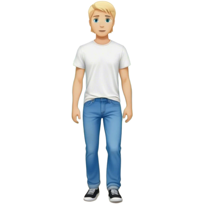 A cinematic realistic blond man with blue eyes, dressed in wide jeans and a T-shirt, walks against a background of trees emoji