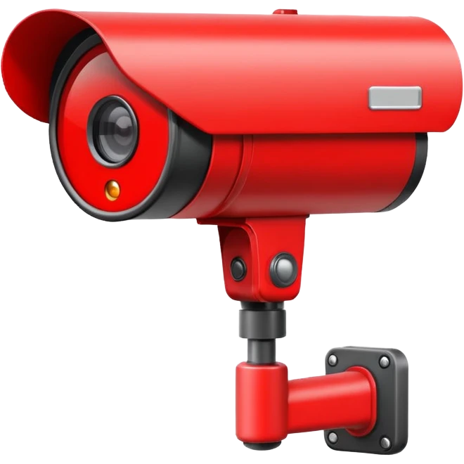 Minimalist emoji-style sticker of a CCTV camera with a glowing red record light, facing forward. Flat icon, grayscale with small red accent.
 emoji
