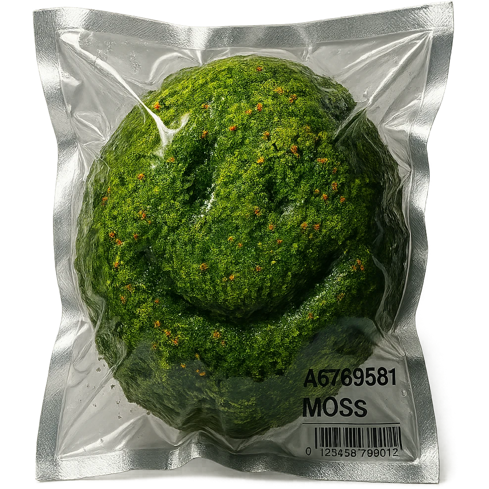 mossy rock with abundant moss and tiny colorful flowers, shiny and inflated emoji
