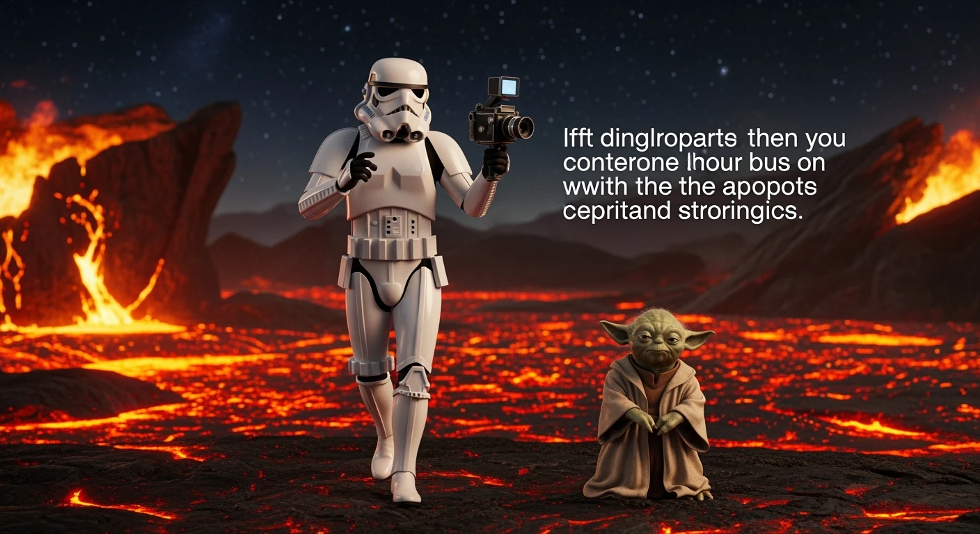 Cinematic still, Starwars stormtroopers vlogging holding camera, he is walking on lava planet with yoda emoji
