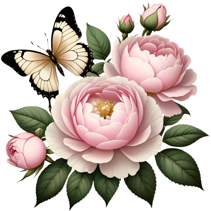 A vintage-inspired botanical illustration on aged parchment, featuring meticulously hand-drawn soft pink roses and lush white peonies with golden ink accents, while a pearl butterfly appears as if painted delicately onto the page.
 emoji