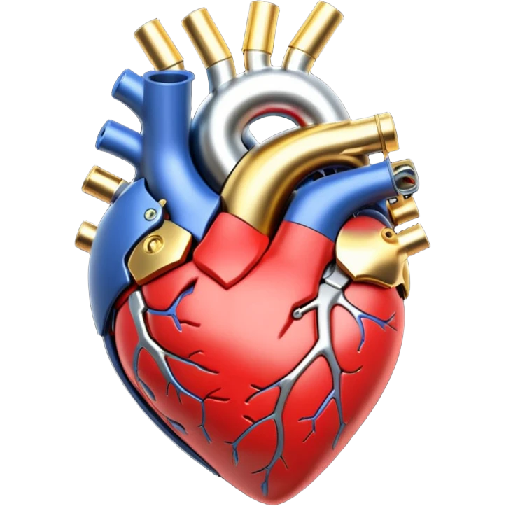 3D render of Mechanical Heart, futuristic cyborg aesthetic, fusion of organic skin and chrome metal, gold brass valves mixed with red muscle tissue, exposed wiring, emoji style, isolated on white background --v 6.0. emoji