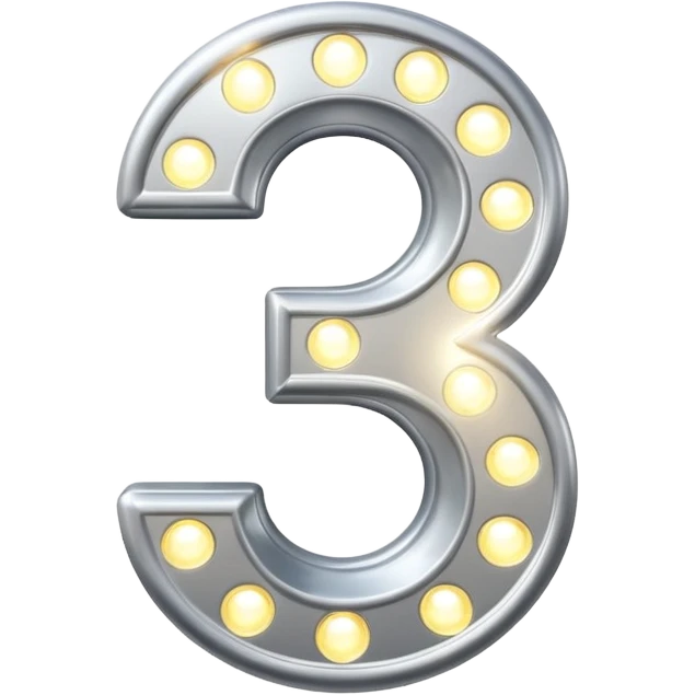 A 3D number 3 in a movie theater setting, shiny metallic surface; bright spotlights from above; cinematic glow with subtle haze; glossy, premium Hollywood countdown look; centered composition. emoji