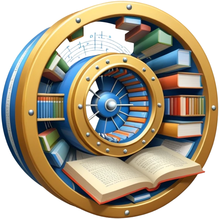 An icon featuring a physics textbook, a large Hadron Collider with particles flying off, symbolizing the study of physics. The design includes atomic models, energy waves, and scientific formulas, representing fundamental physical principles and research. Transparent background. emoji