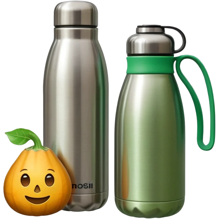 thermal water bottle next to a stainless steel cup with a tereré gourd inside, emoji style emoji
