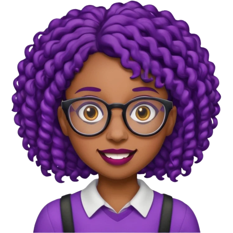 nerd emoji like with glasses showing only her 2 buck teeth but it’s a black girl with purple black curly hair no shoulders emoji